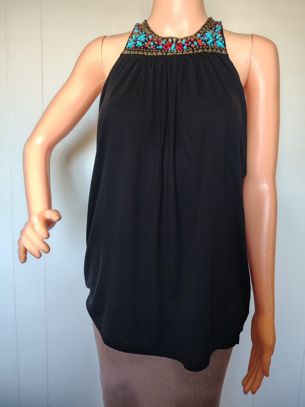 MICHAEL Michael Kors Black Beaded Halter Camisole with Turquoise & Coral Accents